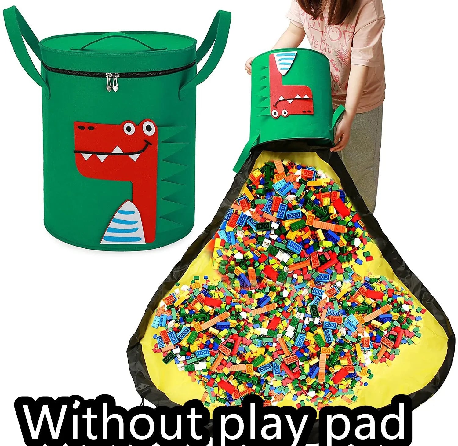 Green felt cube storage bag with pull rope, laid flat as a play mat