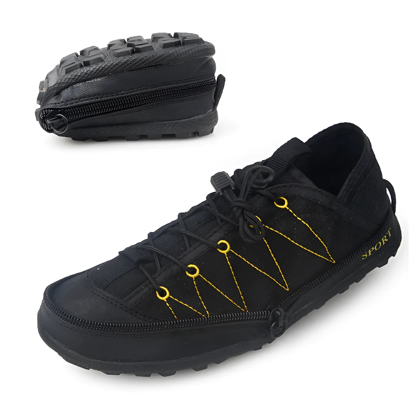 Portable folding outdoor shoes in orange colour with mesh upper and side zipper, shown folded and unfolded.