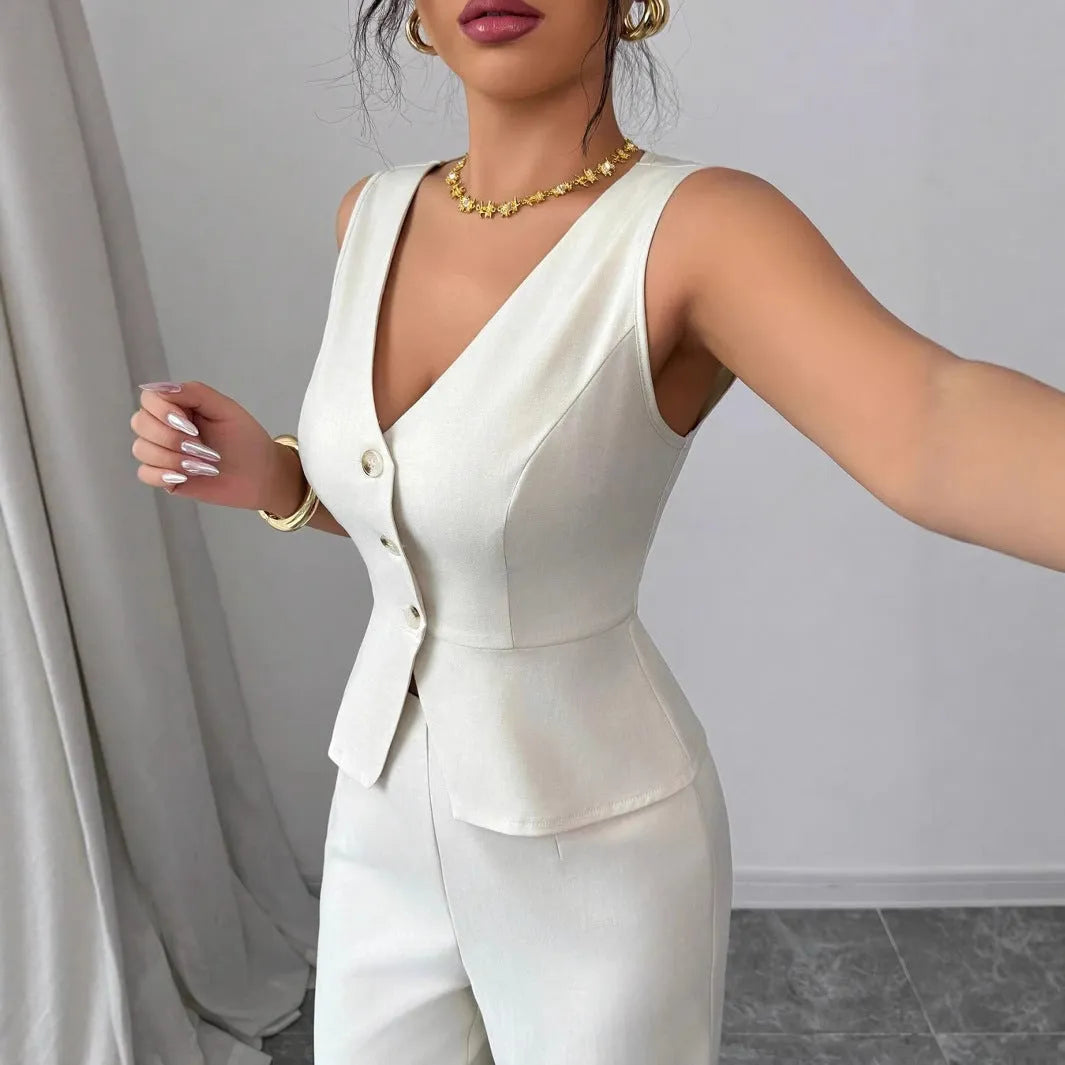 Women's sleeveless vest and high waist trousers two-piece set in solid colour with slim fit design