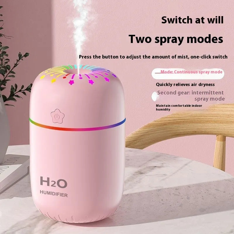 USB mini humidifier with fireworks design in white, pink, or green colours showing compact 75mm size