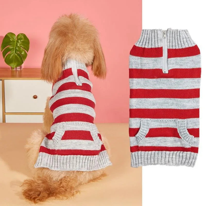 Grey dog jumper with horizontal zipper and side button pocket on small breed dog