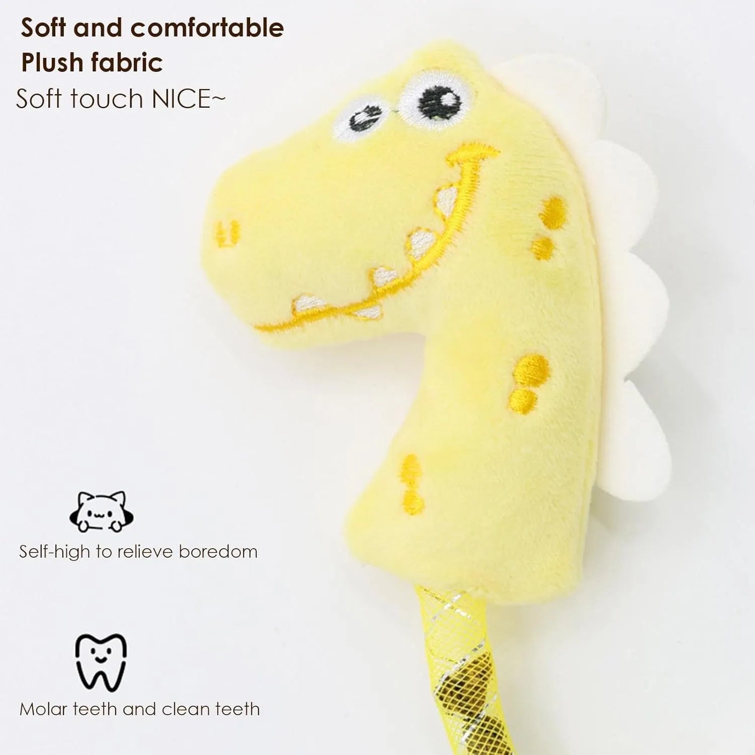 Four-piece cat toy set showing a catnip rope, springs, a kicker toy, and plush mouse, fish, and bunny in pink, purple, and yellow.