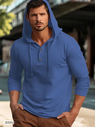 Cotton hoodie pullover in dark blue colour showing front view with long sleeves