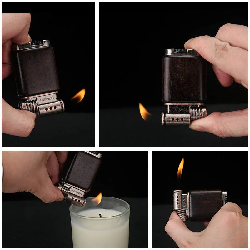Ebony gas lighter with decorative wood designs in casual style