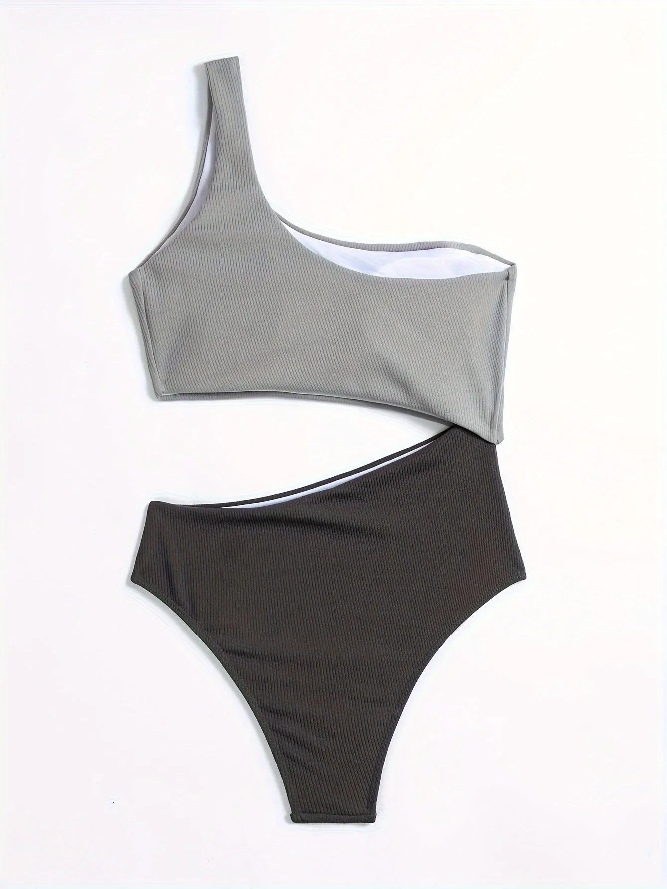 Women's solid colour one-piece swimsuit with one-shoulder design in light grey