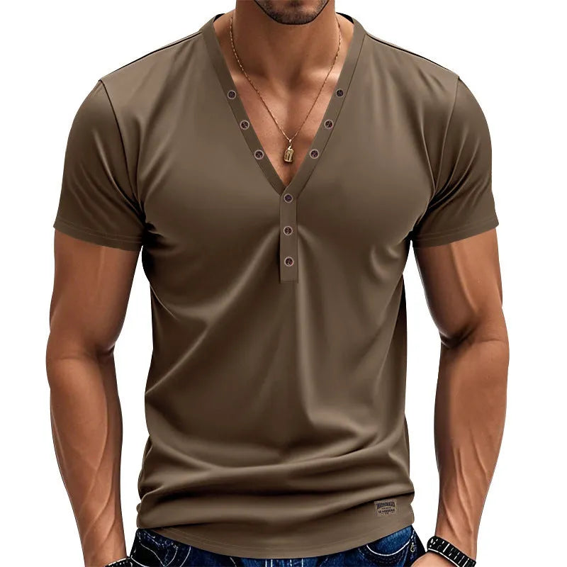 Men's loose solid colour V-neck long sleeve pullover top with button detail.