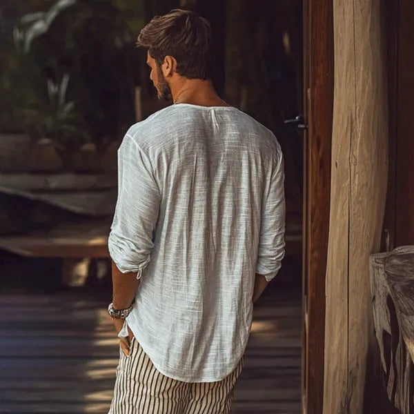 Beige men's slim-fit V-neck long-sleeved T-shirt made from hemp-blend fabric