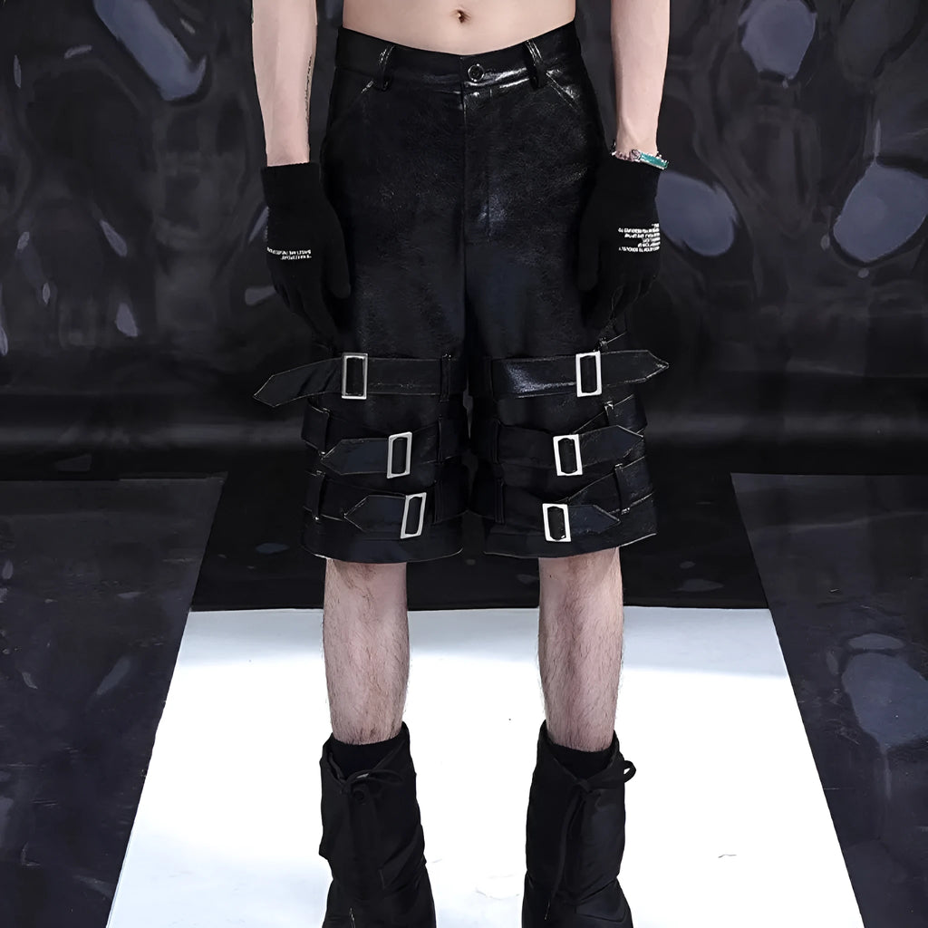 Men's black PU leather cropped shorts with medium-low waist design and leather ring detailing