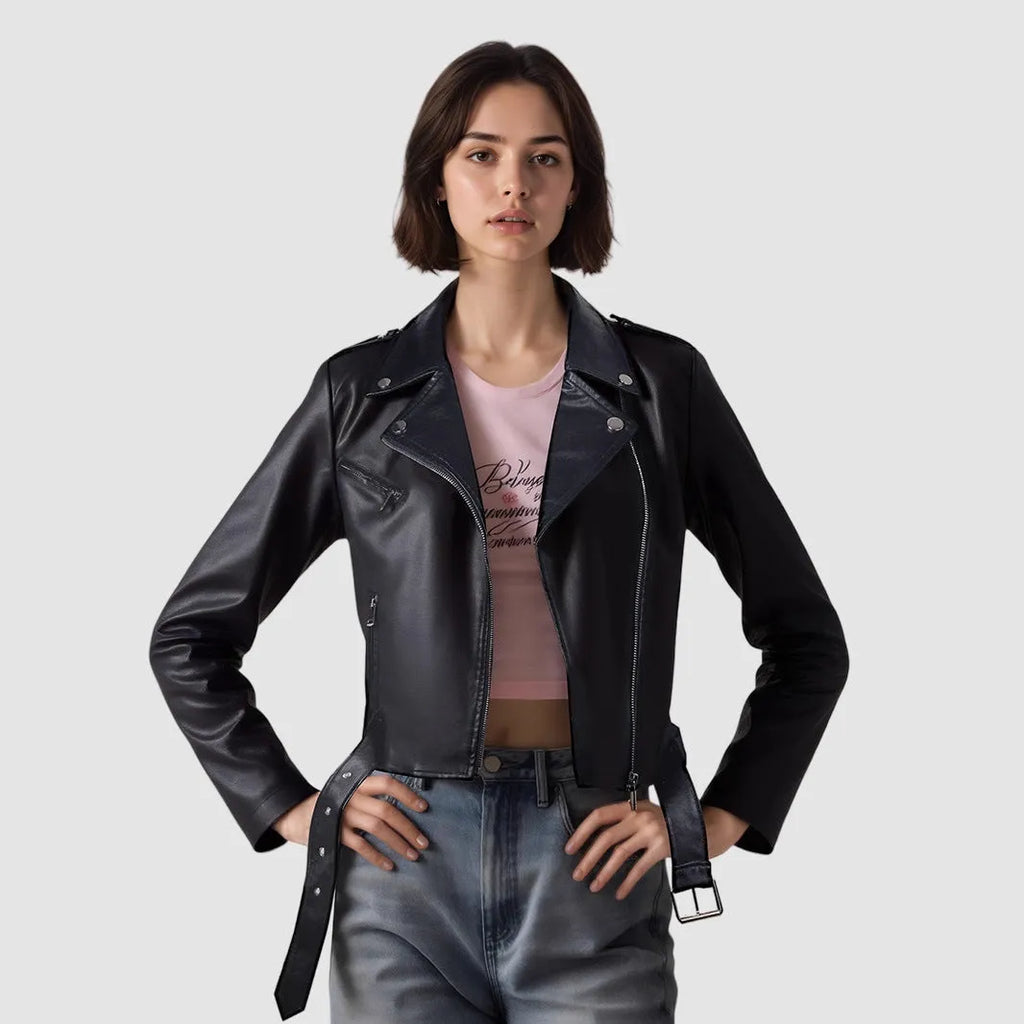 Women's red PU leather motorcycle-style jacket with a lapel collar and waist belt fastened.
