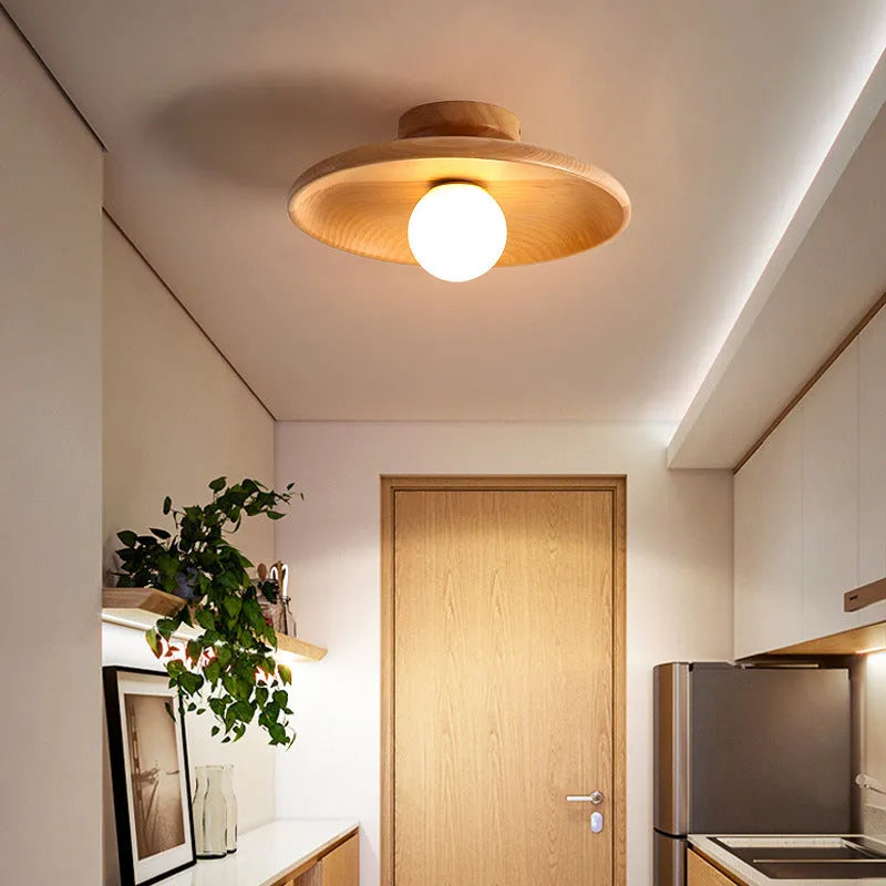 Modern minimalist solid wood ceiling lamp with glass shade in walnut colour