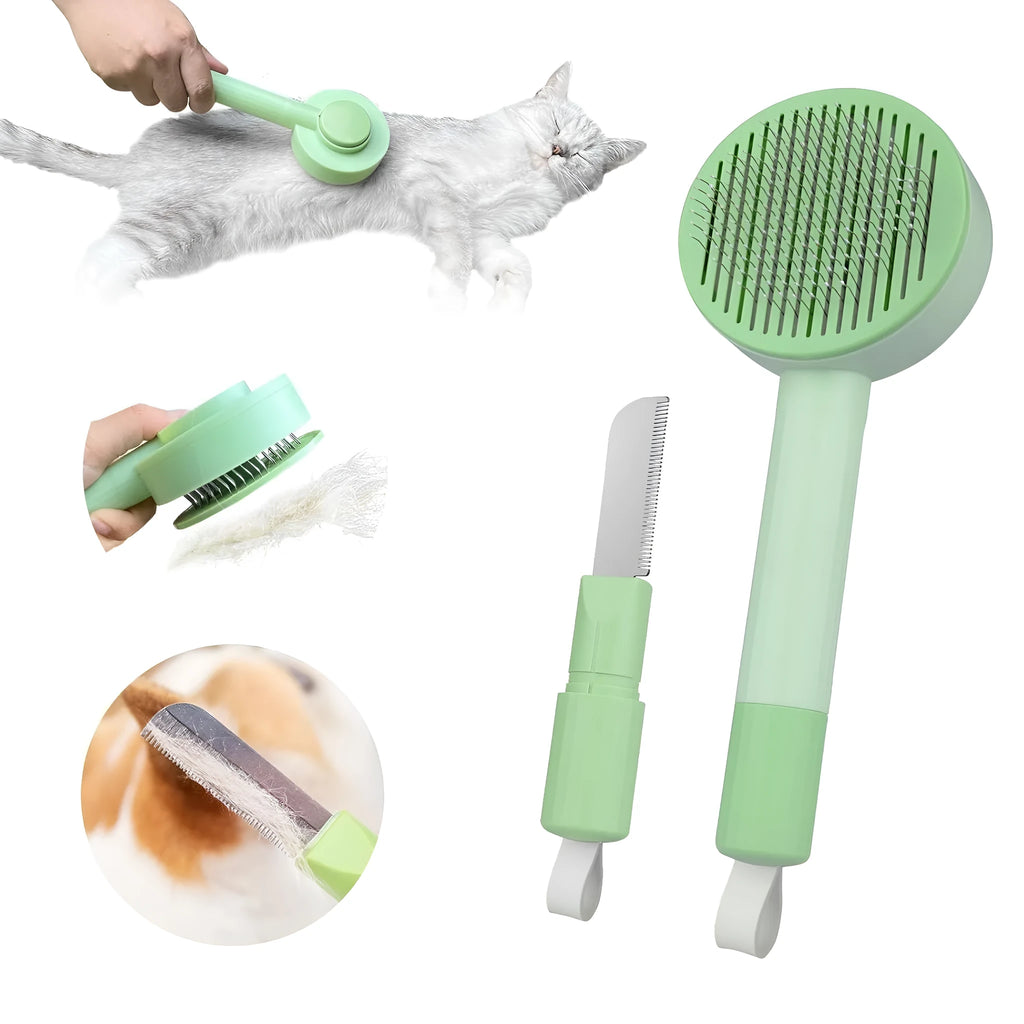 Green and yellow 2-in-1 pet grooming brush with stainless steel teeth for deshedding cats and dogs