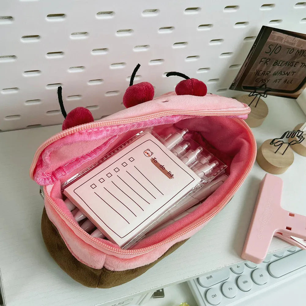 Cherry Cake coloured velvet pencil bag with Korean style design for pen storage