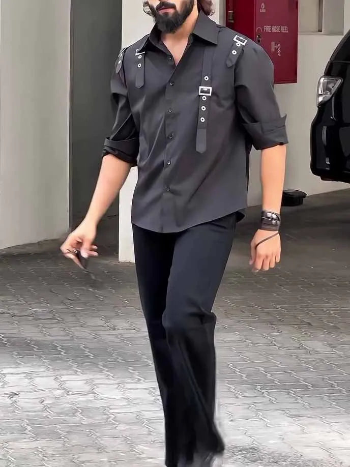 Men's black polyester button-up shirt with regular fit and utility styling