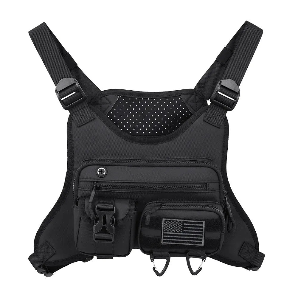 Black Oxford cloth chest bag with breathable vest straps and visible stitching.