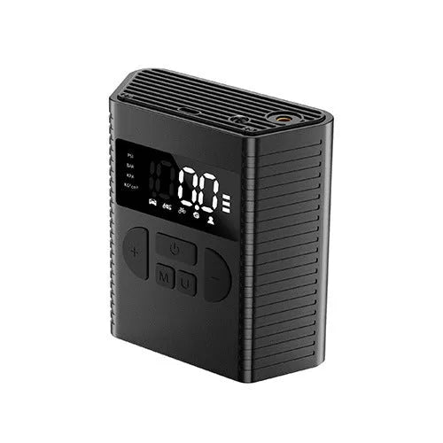 Black portable wireless car tyre inflator with LED light, USB port, and multiple air nozzles on a storage bag.