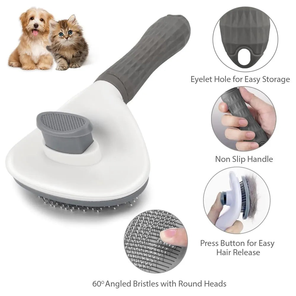 Cat grooming brush with release button in blue, grey, or pink colours with fine wire bristles
