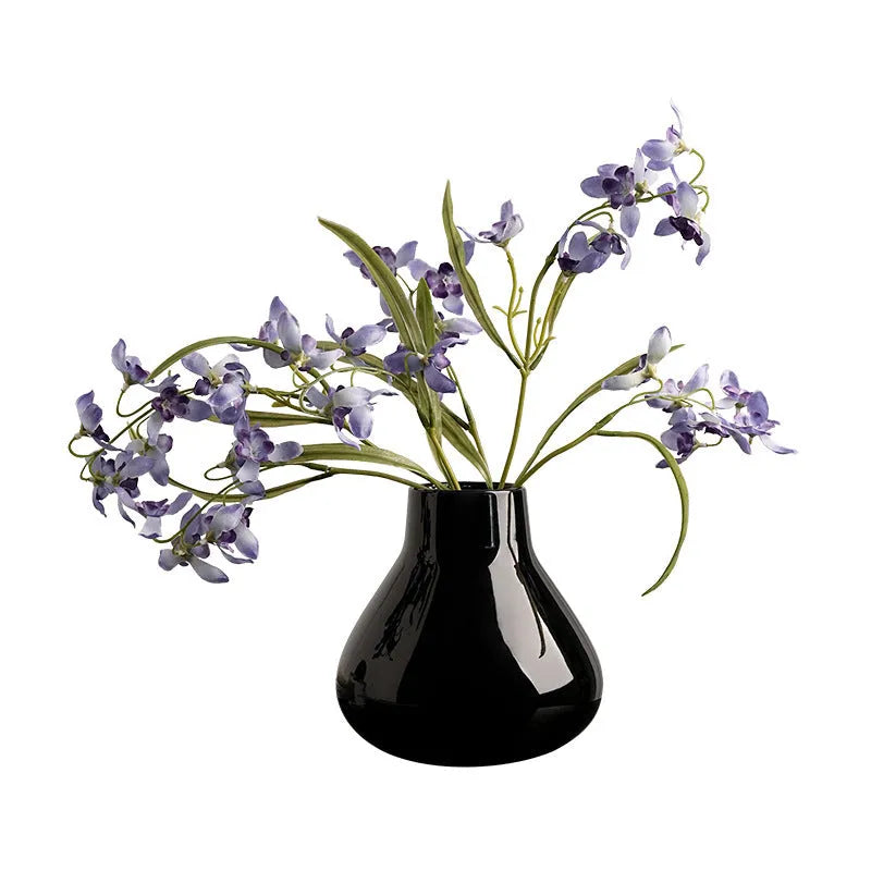 Ceramic round belly French vase with orchid flowers in black or white colour options