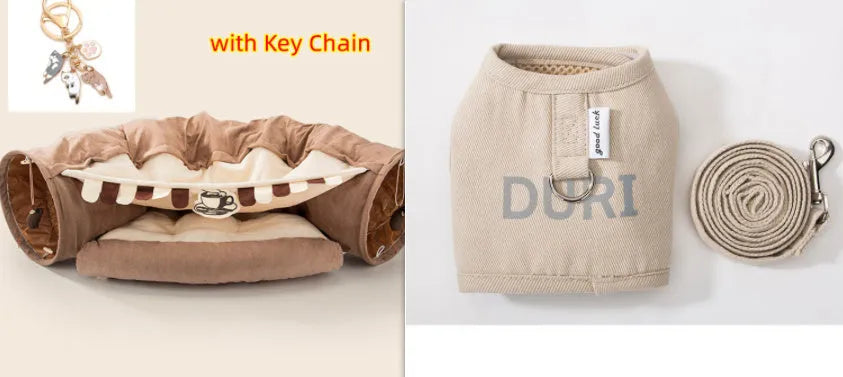 Collapsible cloth cat tunnel in Bar, Coffee, Matcha, or Pink colour, showing its 45cm diameter size.