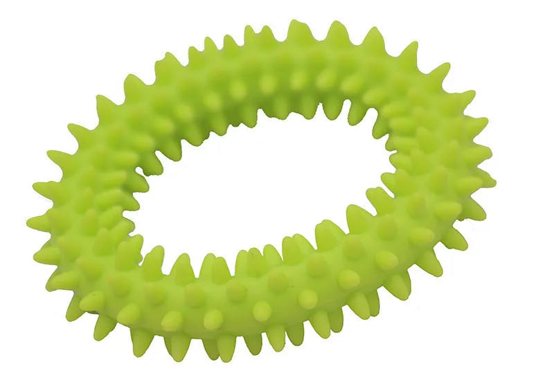 Blue TPR spiky circle ring dog chew toy for dental cleaning on a white background.