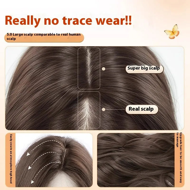 Women's long curly synthetic wig with side bangs in brown black colour
