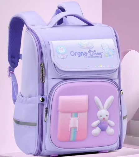 Children's large cartoon backpack with animal print, shown in blue, red, green, purple, or pink colours.