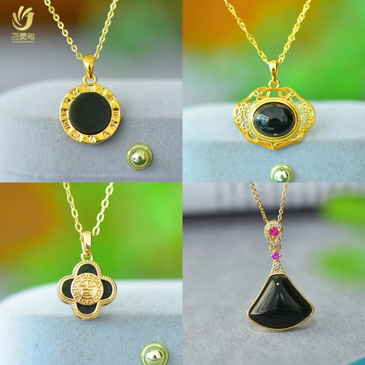 Modern natural Hetian grey jade pendant with copper inlay and ink-blue jade accents on a necklace chain.