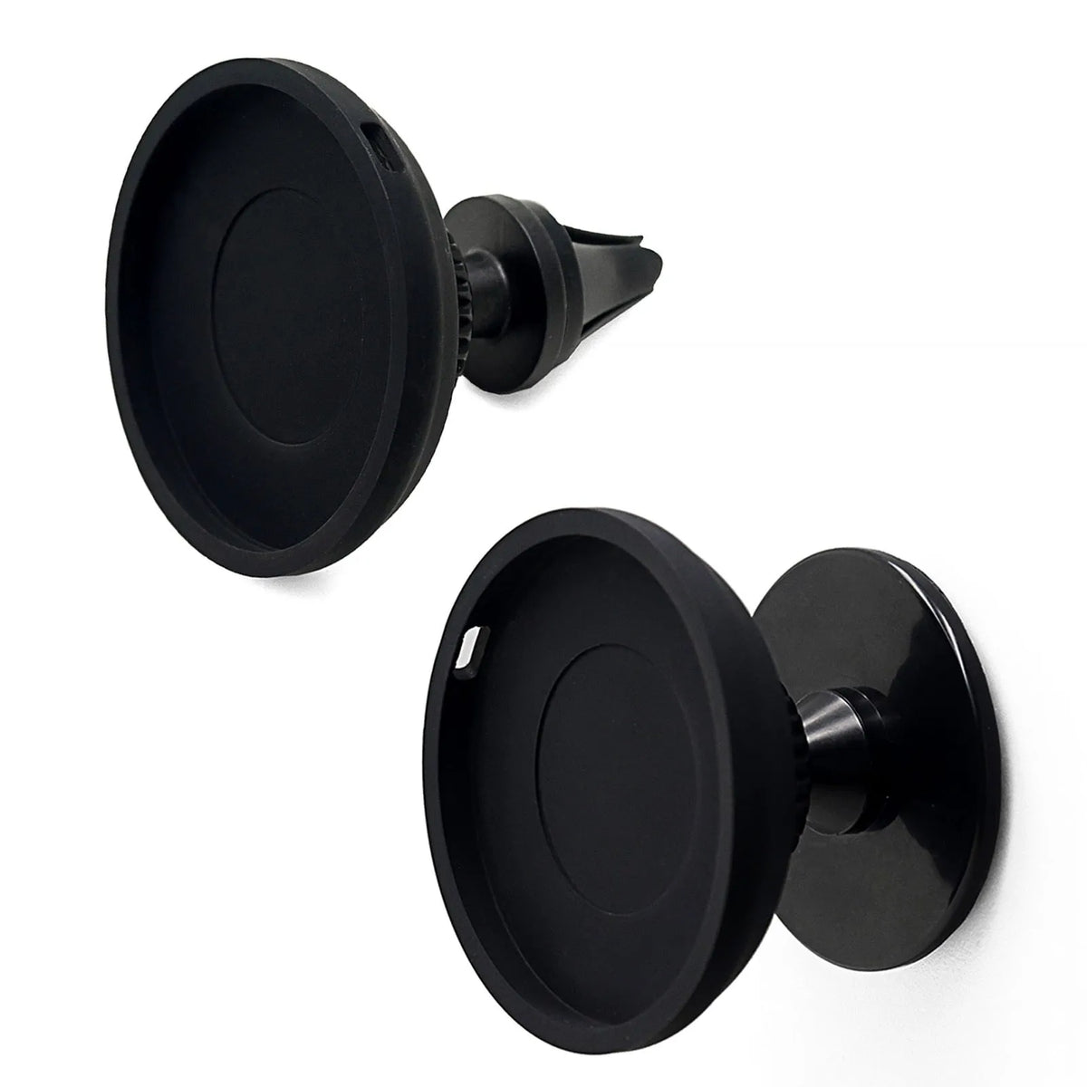 Black magnetic car phone holder mounted on air vent with smartphone attached