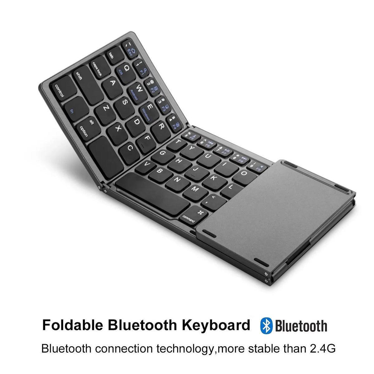 Black tri-fold Bluetooth keyboard shown open and closed, next to a smartphone for scale.