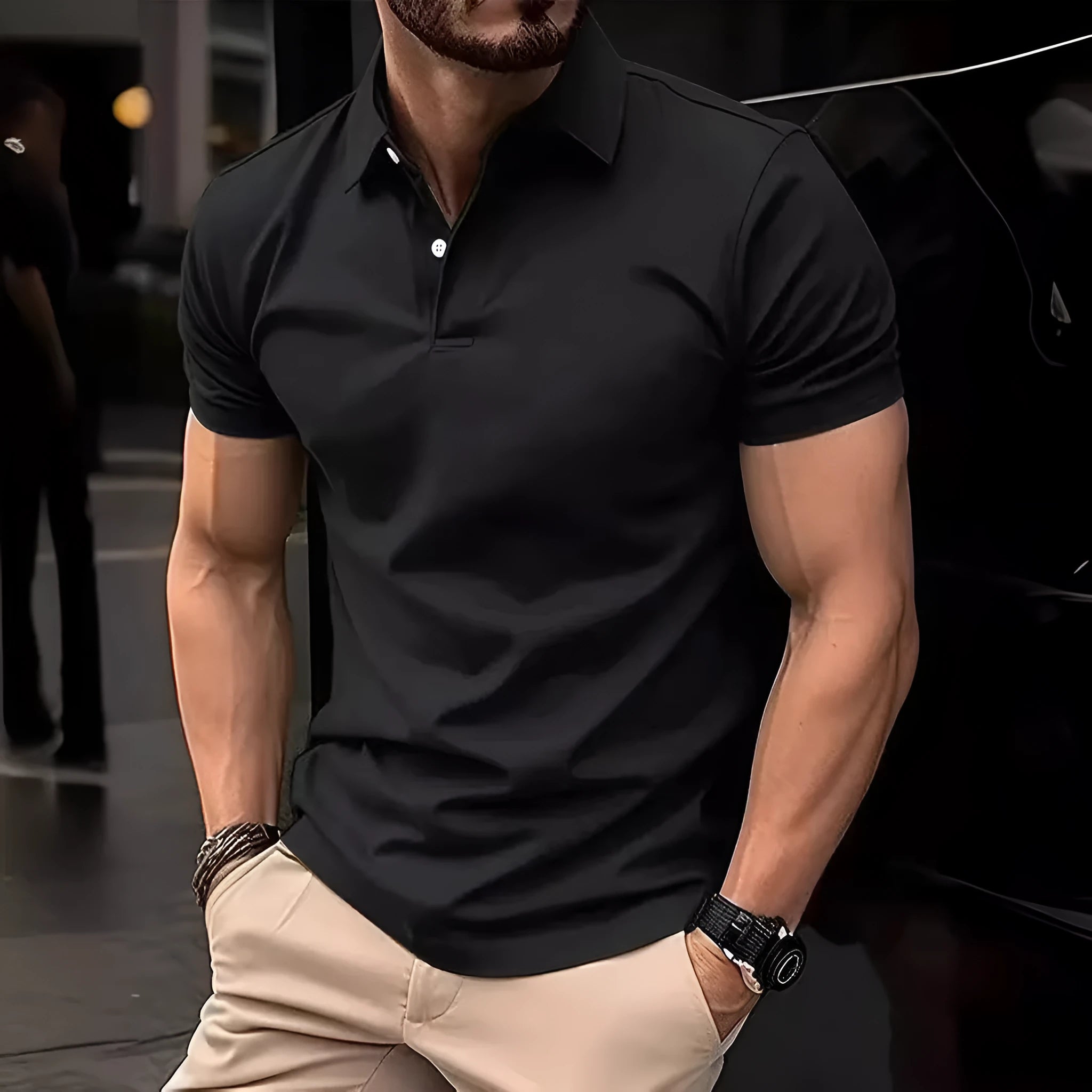 Men's slim fit short sleeve button shirt in a solid colour, showing front button closure.