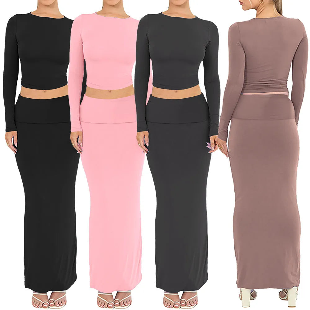 Women's autumn two-piece suit with three-quarter sleeve top and long skirt in pure colour options