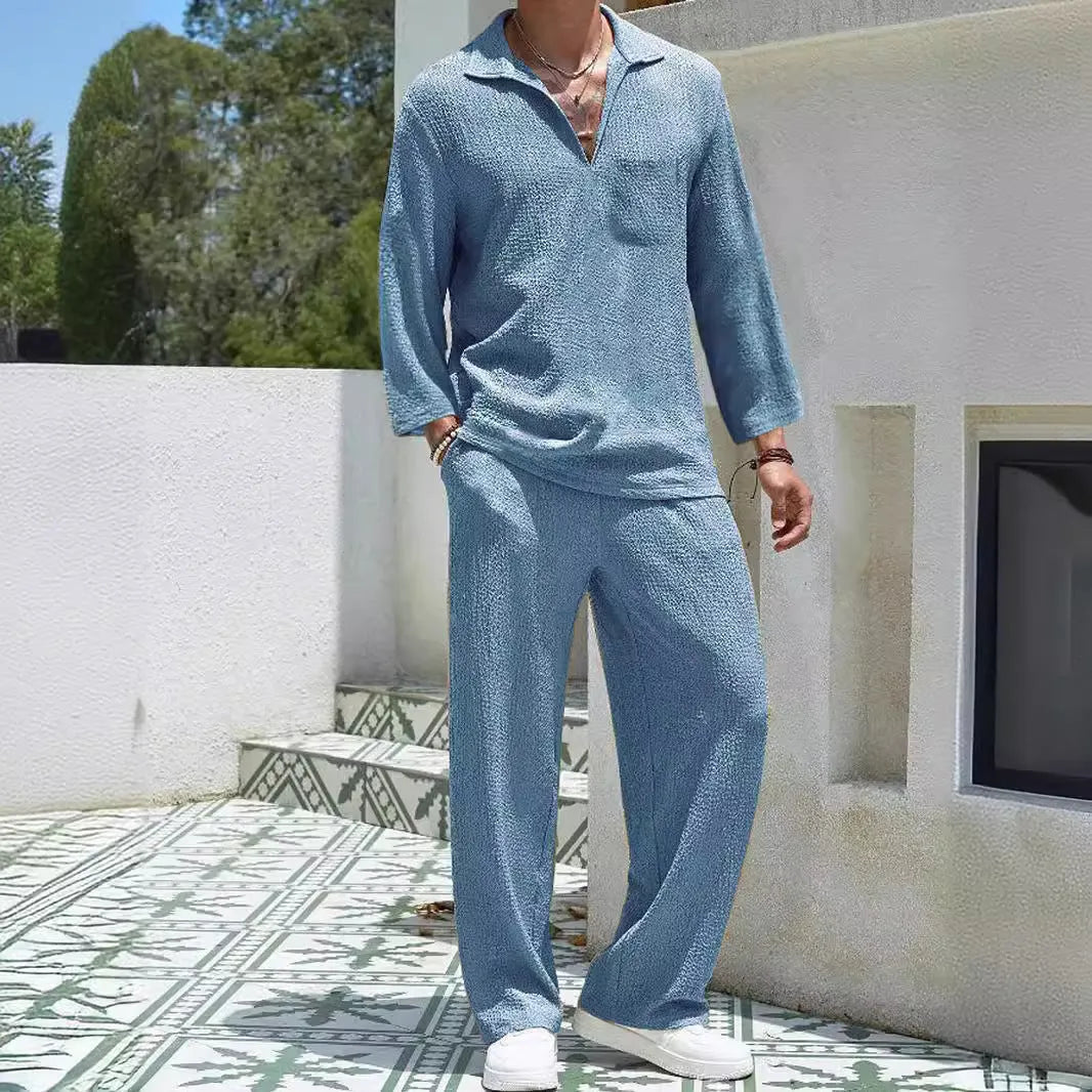 Men's casual polyester shirt trousers suit set in lake blue, khaki, black, or caramel colours