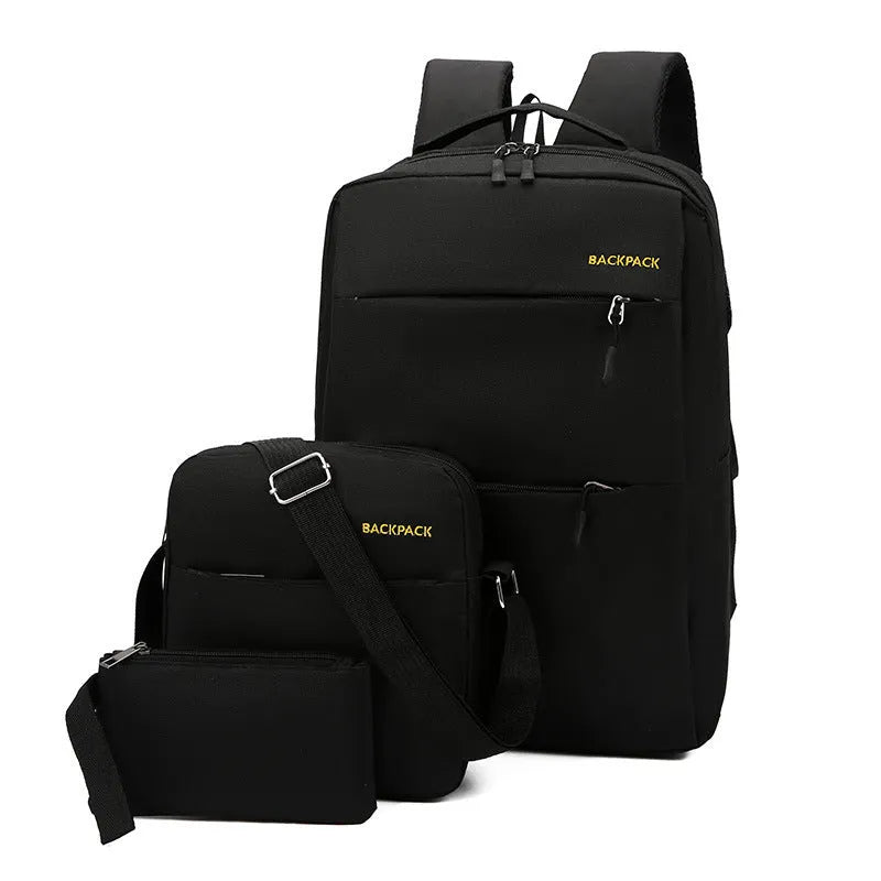 Men's USB charging computer bag three-piece set in navy blue with multiple compartments and anti-theft features