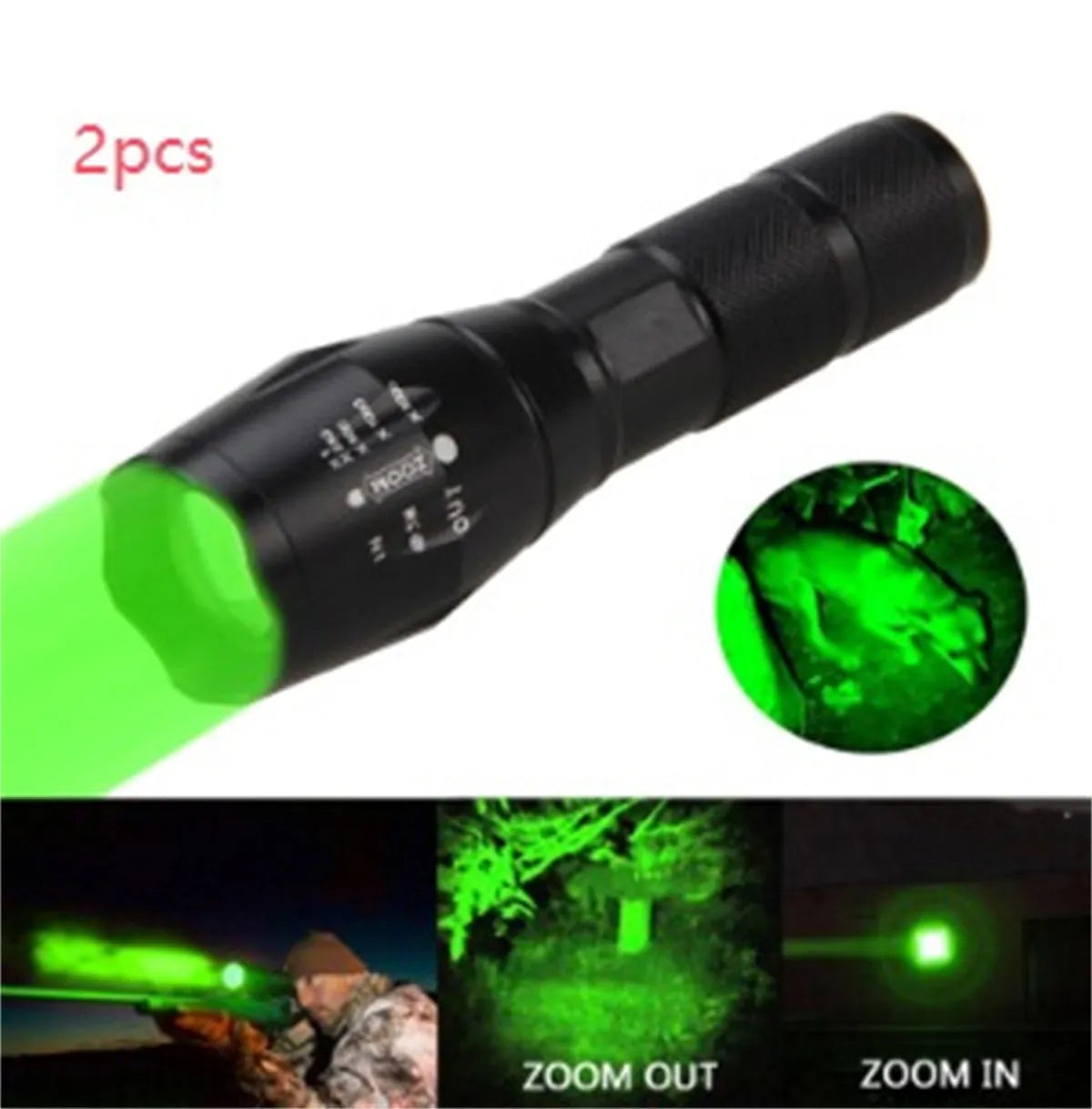 Black aluminium alloy LED zoom flashlight with adjustable focus ring and antiskid texture.