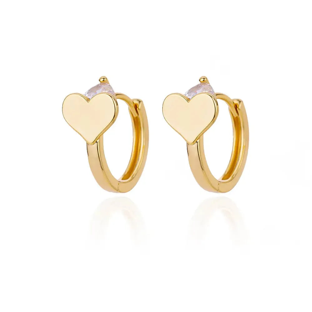 Pair of heart shaped stainless steel stud earrings with 18K gold plating and zircon stone