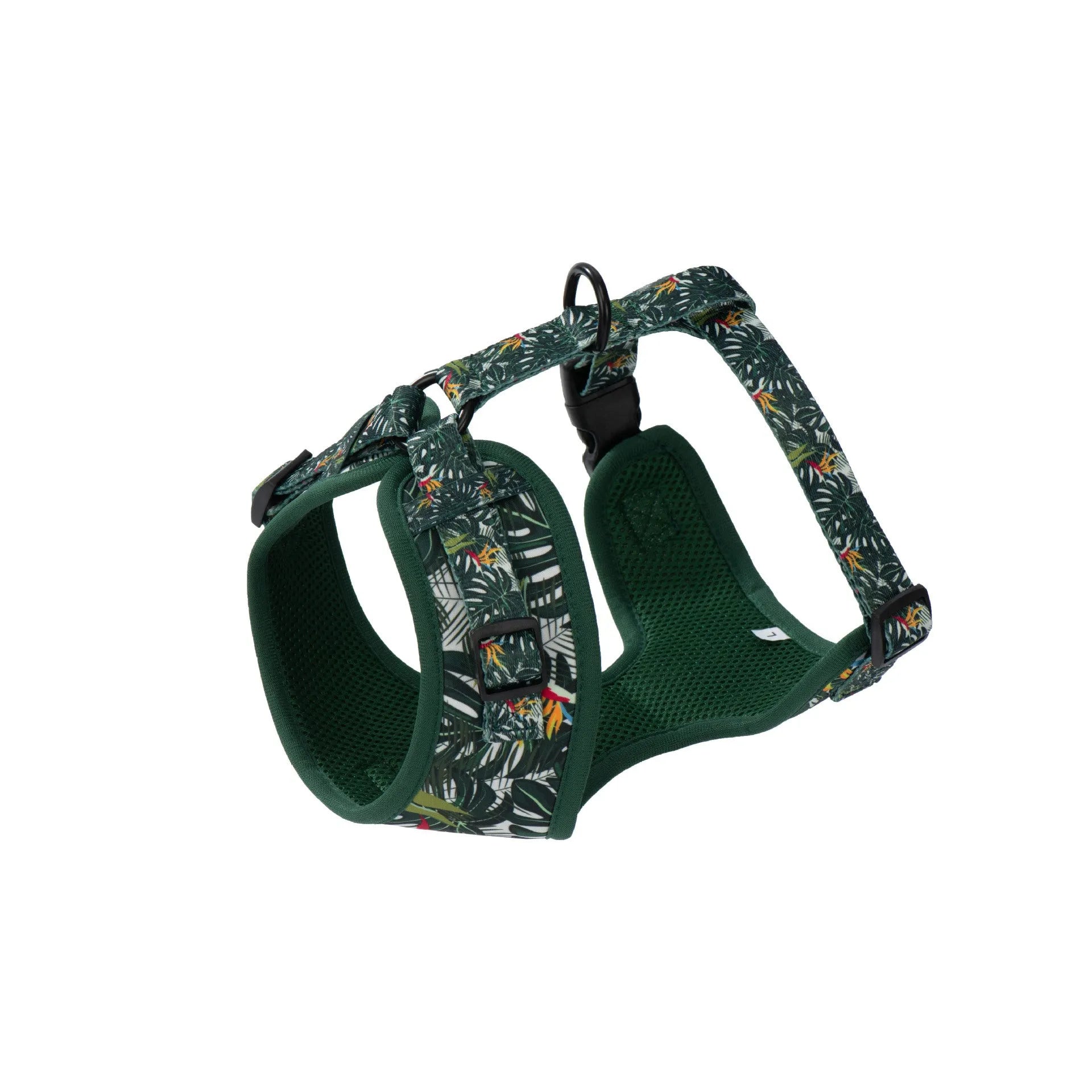 Six-piece dog harness set showing cloth vest, leash, collar, waste bag, bow tie, and scarf laid out