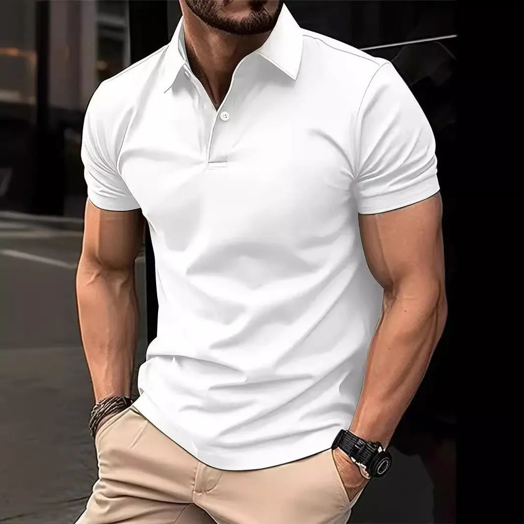 Men's slim fit short sleeve button shirt in a solid colour, showing front button closure.