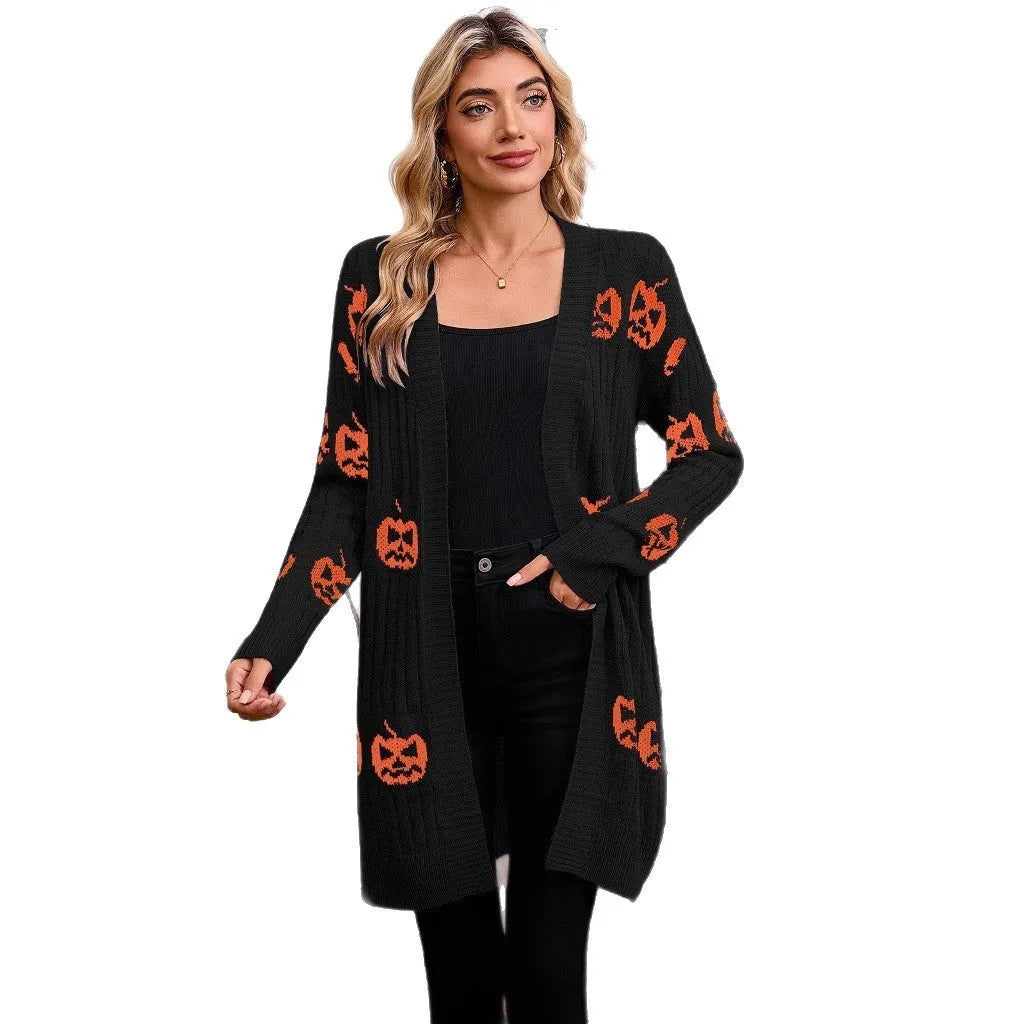 Women's black Halloween cardigan with orange pumpkin head jacquard pattern, straight cut with regular sleeves.