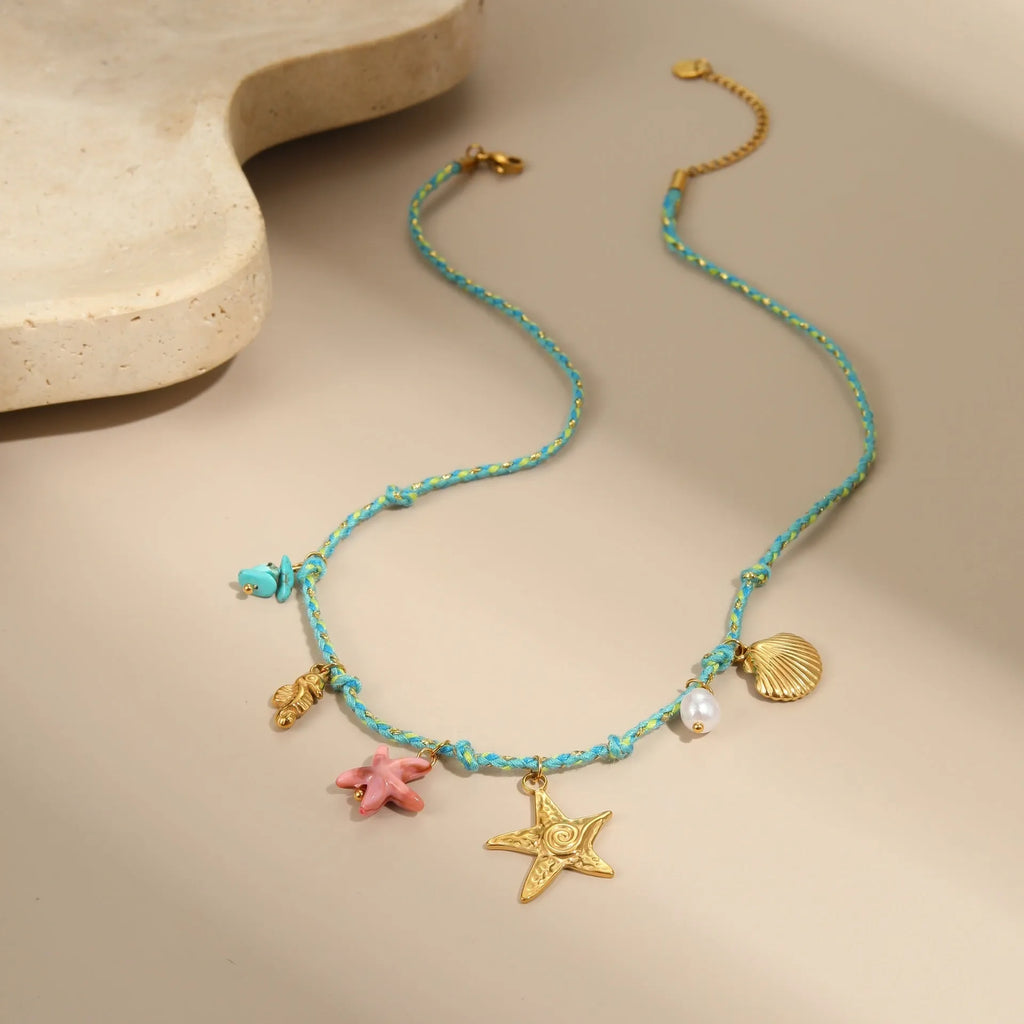 Handmade braided rope and stainless steel necklace and bracelet set with geometric pendant