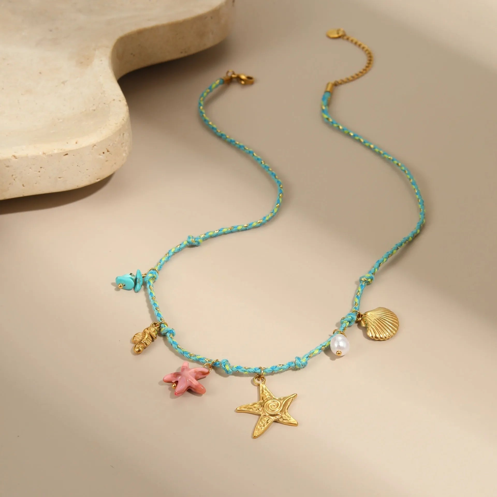 Handmade braided rope and stainless steel necklace and bracelet set with geometric pendant