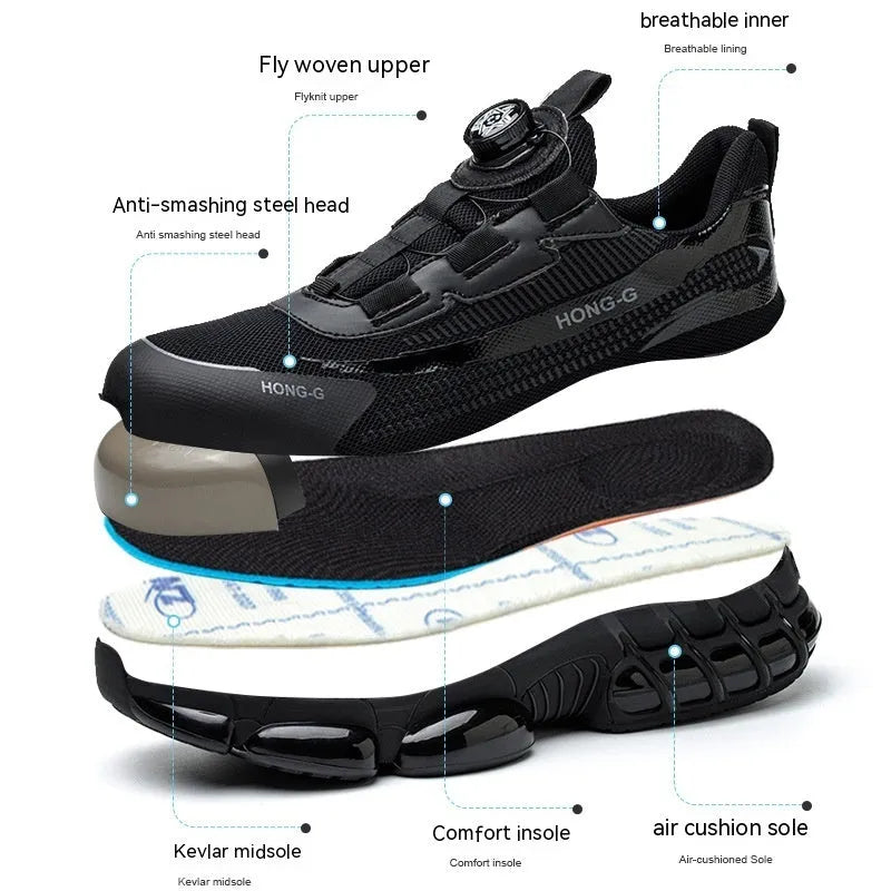 Lightweight black anti-smash work shoes with a breathable Flyweave upper and front lacing