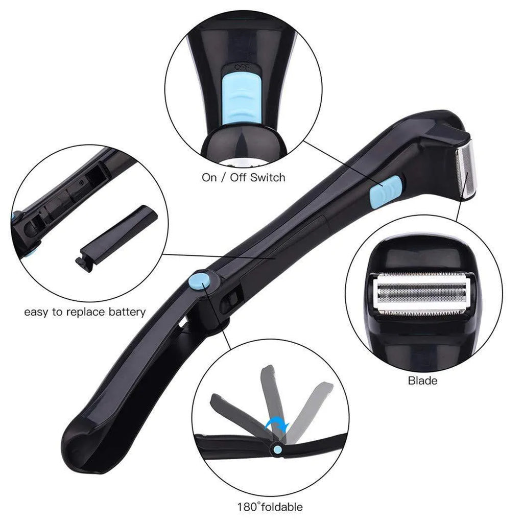 Black folding body electric shaver for dry hair removal on closed white background.