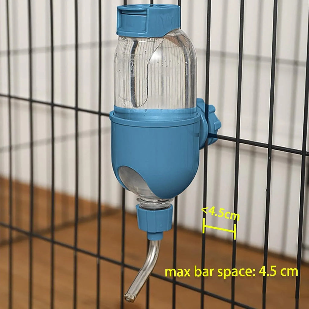 Blue small animal water bottle with rotatable nozzle shown attached to a cage.