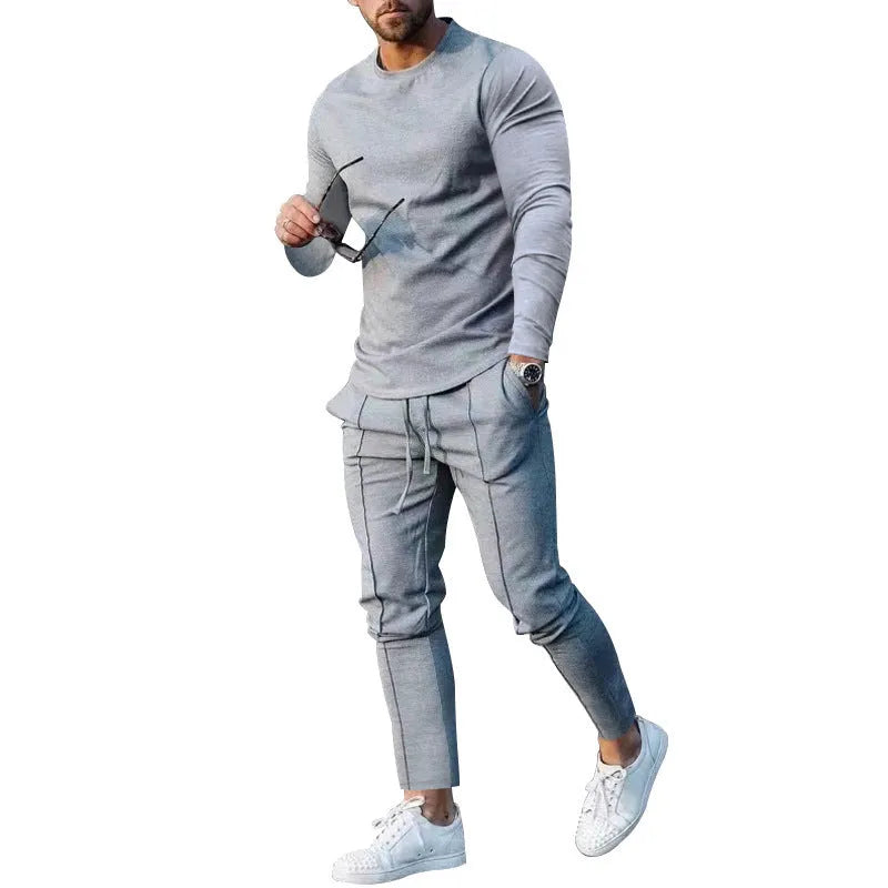 Men's solid colour polyester two-piece lounge set with long sleeve T-shirt and trousers