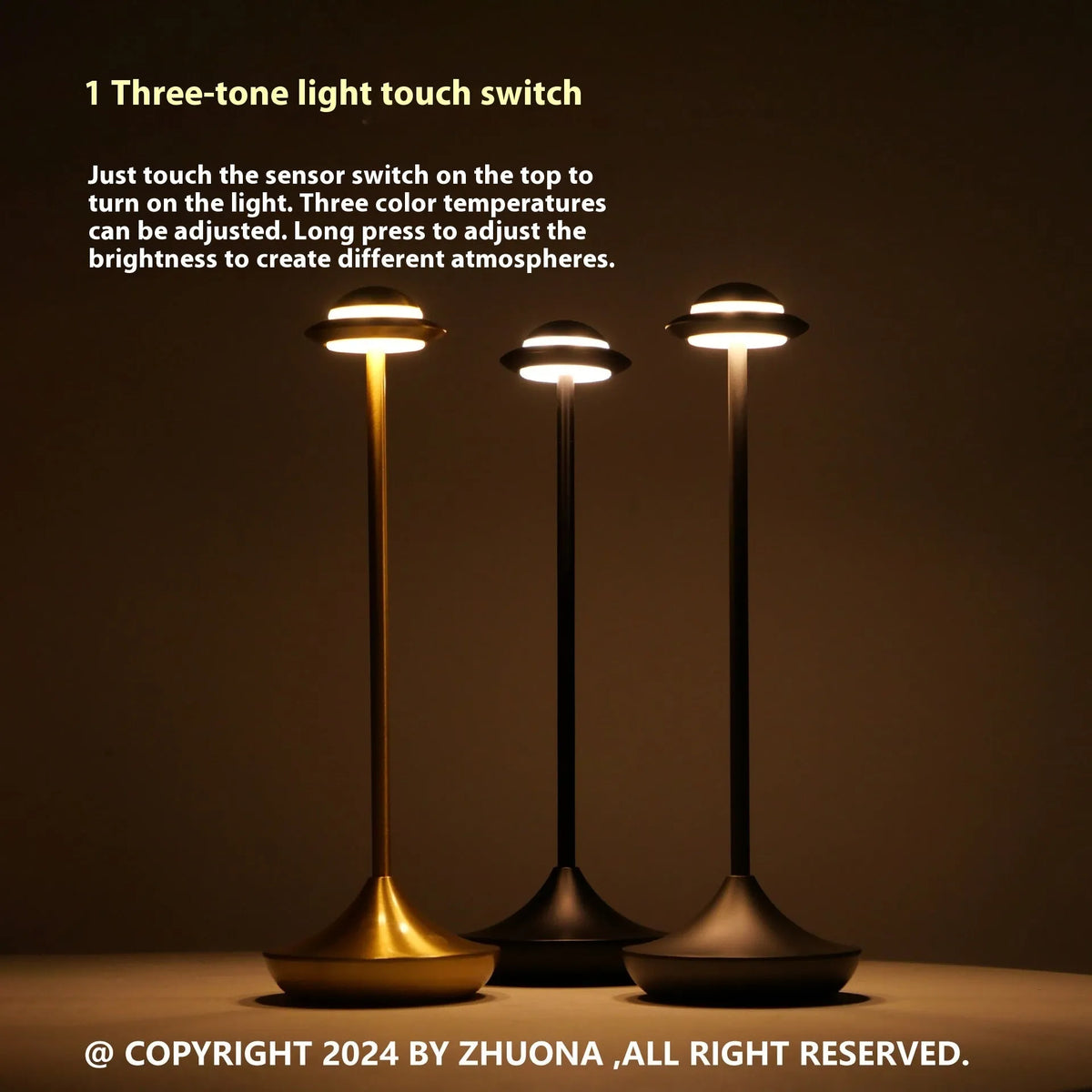 UFO-shaped metal table lamp with touch dimming in black, gold or grey finish