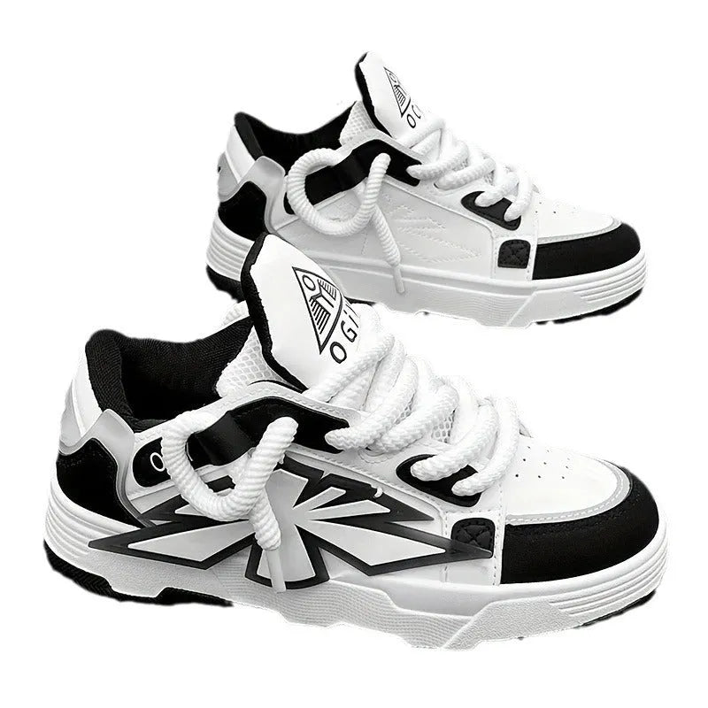 Men's black chunky sneakers with a cartoon totem pattern on the synthetic leather upper.