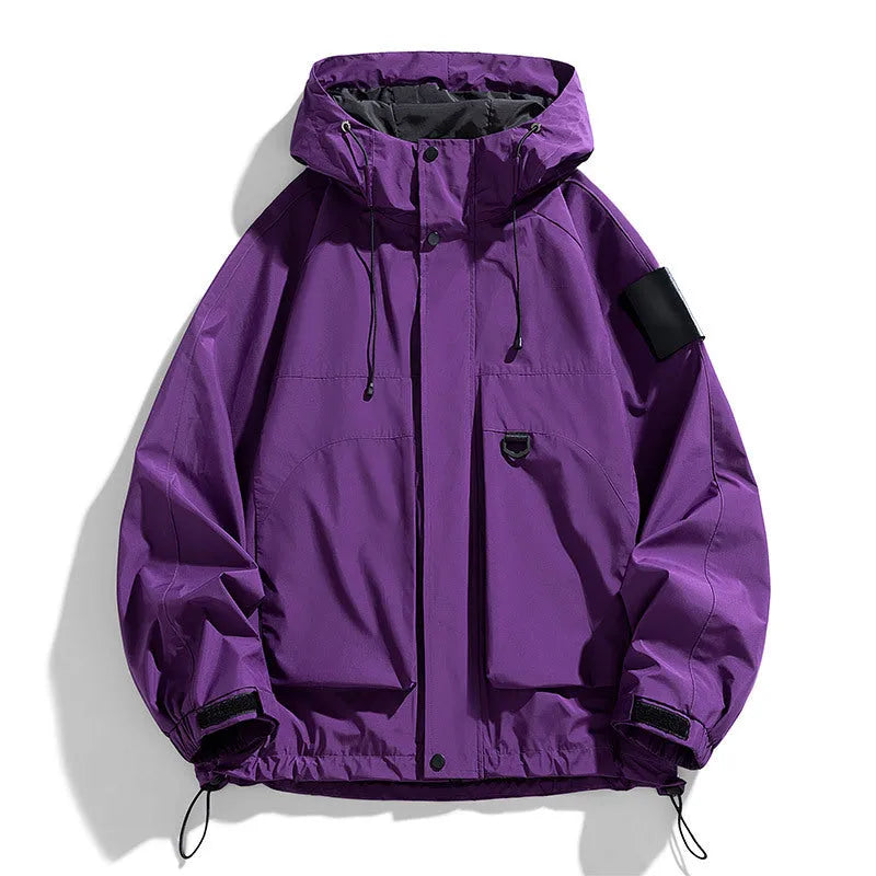 Men's black waterproof hooded jacket on a hanger, shown in a regular length with long sleeves.