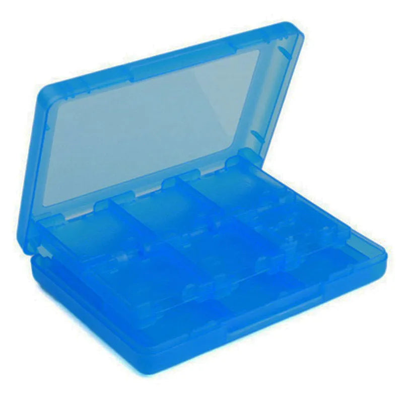 NDS and 3DS game card storage box holding multiple cartridges, shown in blue colour.