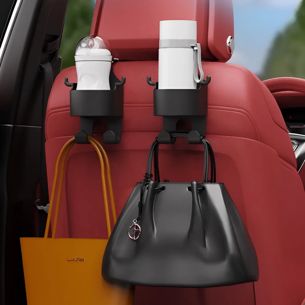 Black plastic car seat back organiser with cup holder and hook measuring 8.5 × 7.1 × 14.4 cm