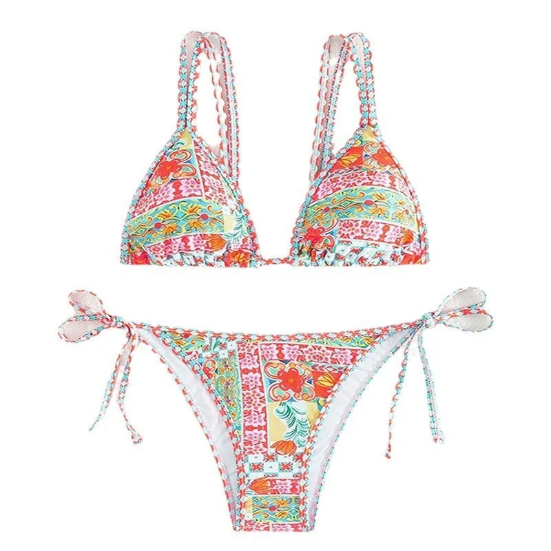 Women's lace-up split backless swimsuit bikini set in picture colour