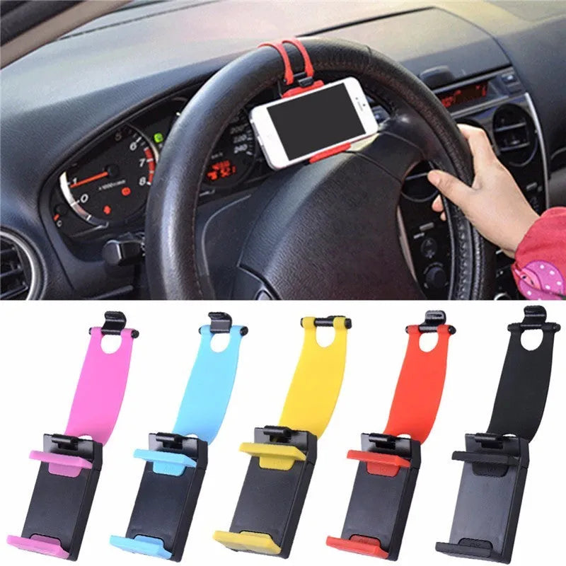 Black universal steering wheel phone holder clip for smartphones showing silicone pad